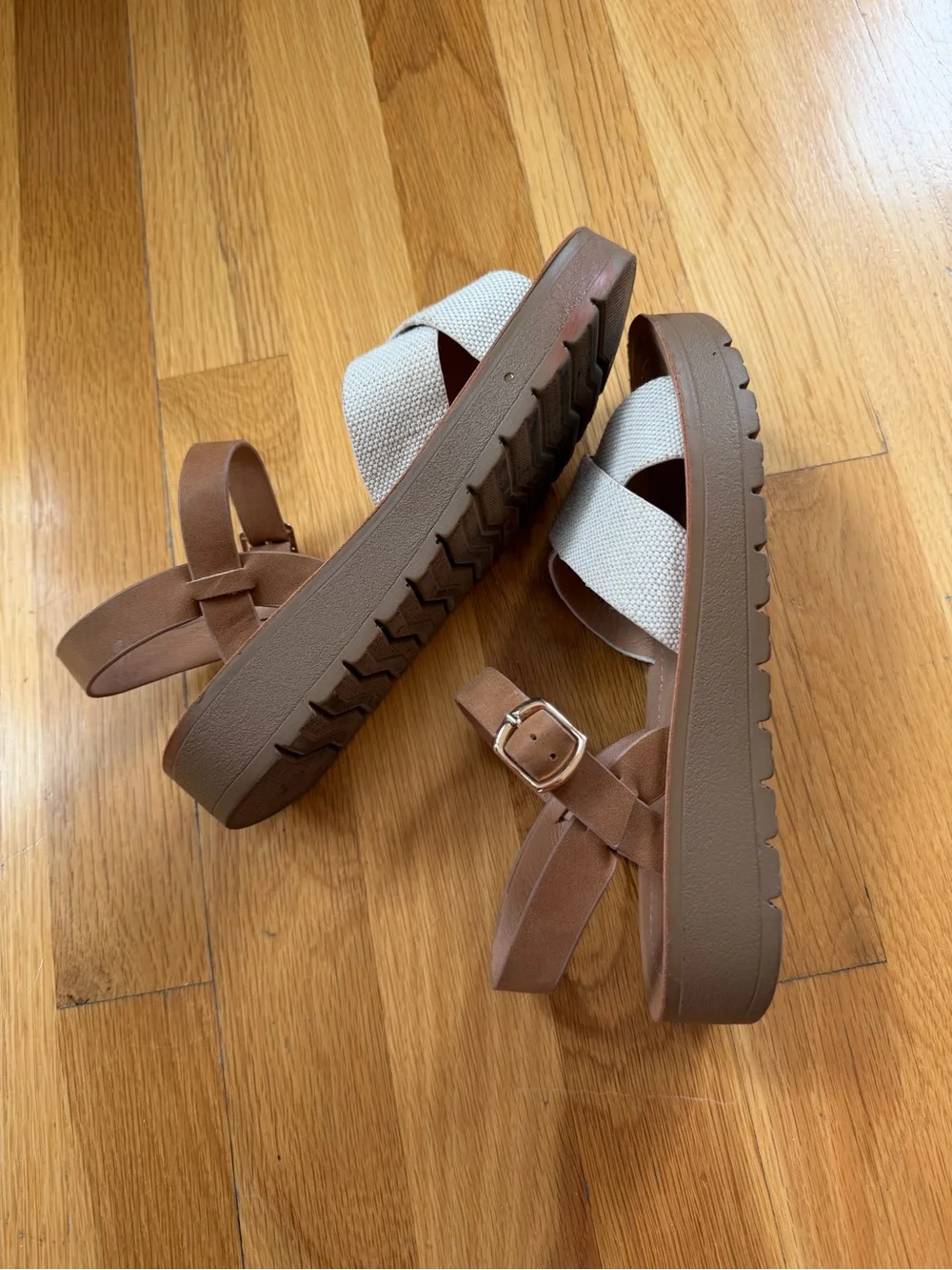 Girls Tan and Cream Strappy Platform Sandals